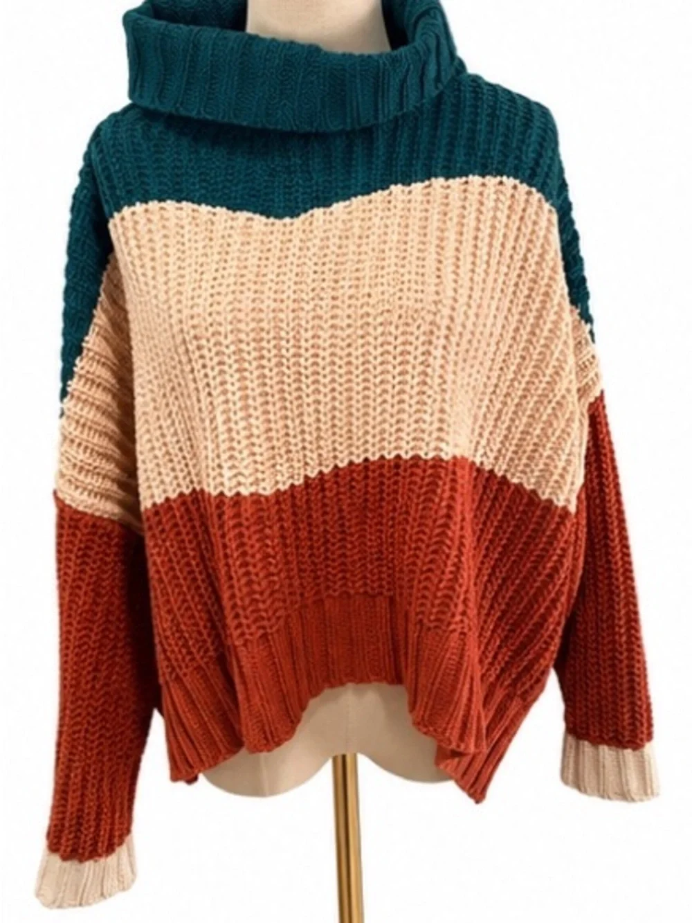 POL Oversized Chunky Knit Color Block Turtleneck Sweater Teal Cream Rust Medium